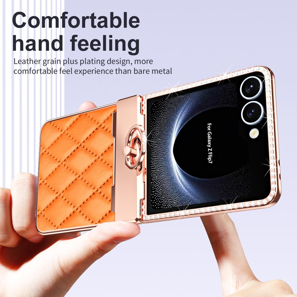 For Samsung Galaxy Z Flip7 5G Case Rhinestone Decoration Ring Holder Rhombus Leather+PC Phone Cover