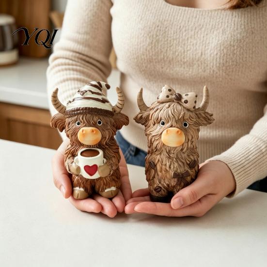 Artistic Farmhouse Tabletop Ornaments Highland Cow Figurine, Resin Coffee Statue for Home Decor, Unique Themed Gifts Country Style Ornament