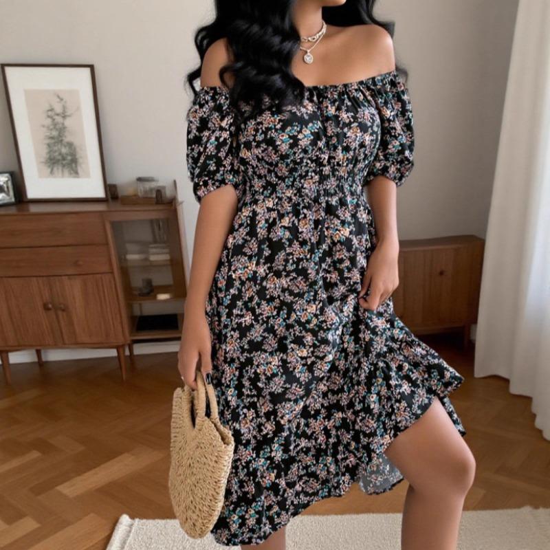 Spring and summer new European and American floral square neck short-sleeved waist ruffle edge A-shaped skirt, women's clothing