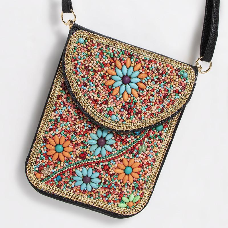Bohemian Style Pu Flower Embellished Shoulder Bag With Magnet Closure For Daily Use
