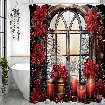 Winter Christmas Red Flower Candle Snow Shower Curtain, Bathroom Decorative Shower Curtain, Waterproof Shower Curtain with Hooks