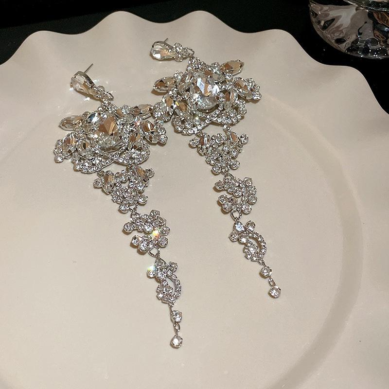 2025 Light Luxury Silver Needle Diamond Flower Tassel Earrings - Elegant European & American Style for Women