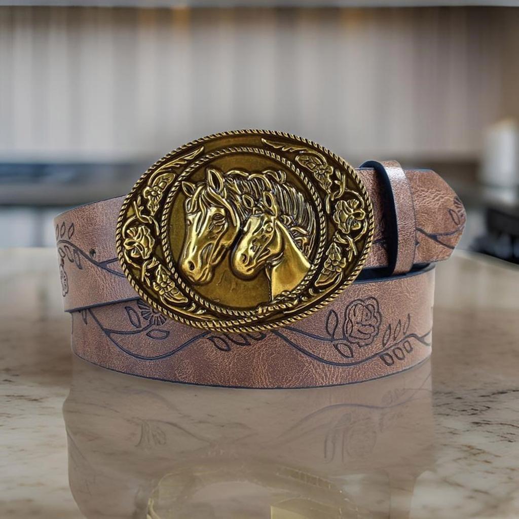 Waist Belt Punk Chain for Cowboy Cowgirl Carved Horse Buckle Retro Floral Buckle Waist Chain Sexy Belt