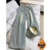 Women's High Waist Light Blue Straight Leg Jeans - Warm, Velvet-Lined, Slimming, and Loose Fit for Autumn/Winter