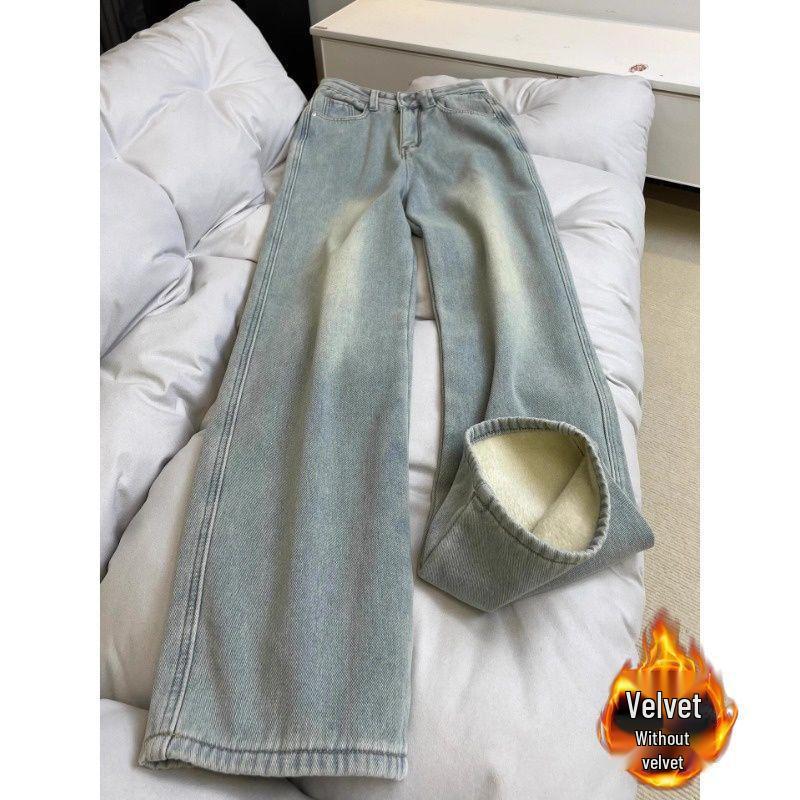 Ladies' Light Blue High Waist Plus Velvet Jeans - Warm, Straight Leg, Loose, Slimming, Versatile, Narrow to Wide Fit