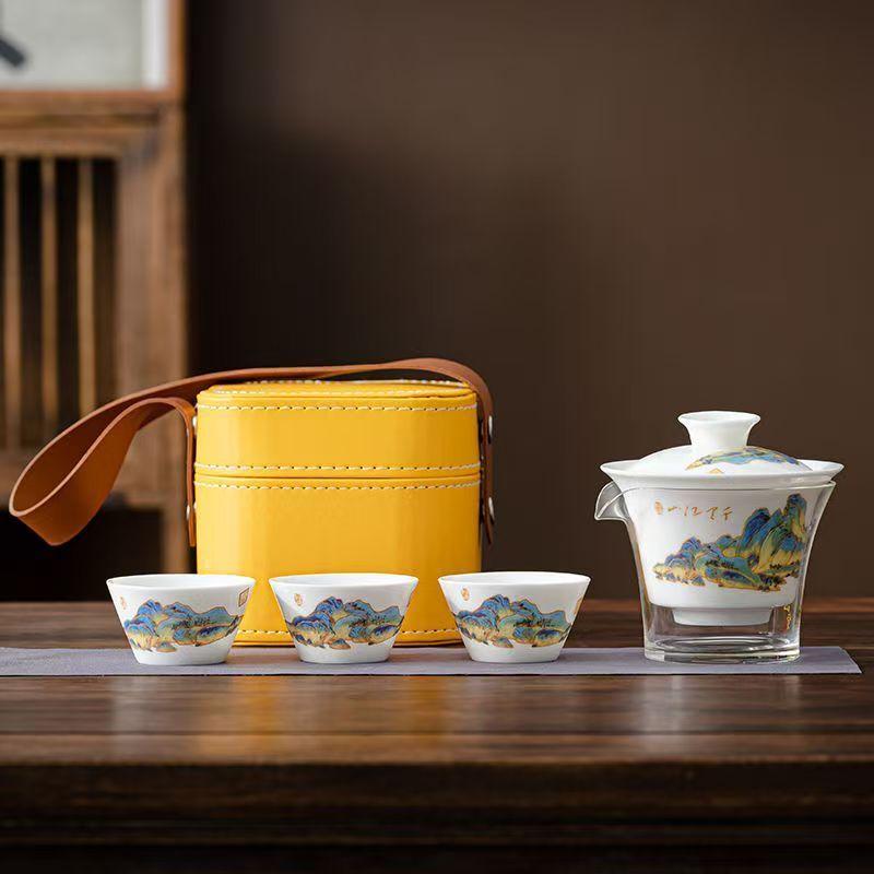

Travel Jade White Porcelain Tea Set, Gongfu Teaware Tea Brewing Kettle Set, Outdoor Camping, Minimalist, 1 Gaiwan, 3 Cups