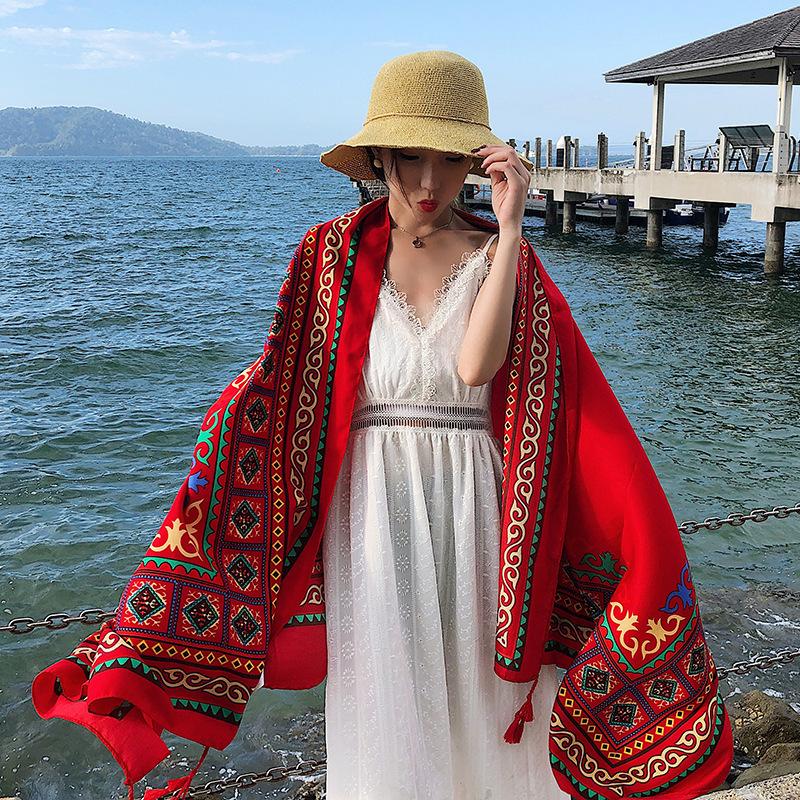 Шарф женский зимние теплые шарфы винтажный богемный этнический стиль шаль накидка пляжное — фото 6