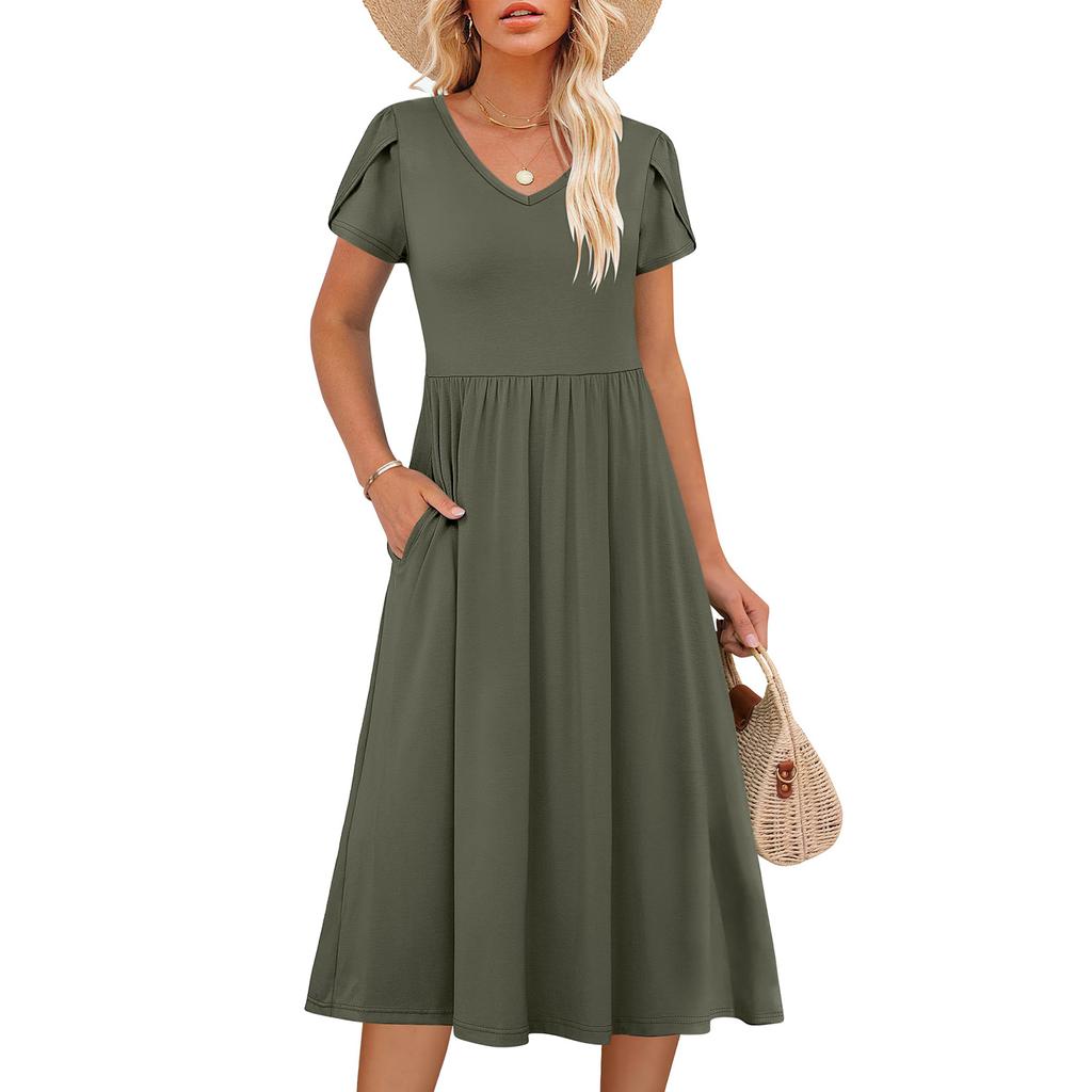Women's Color Short-sleeved Slim Fit Fashionable Long Dress