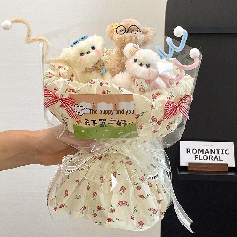 Chenille Puppy Doll Bouquet: Cute Handmade Gift for Best Friends, Girls' Birthdays.