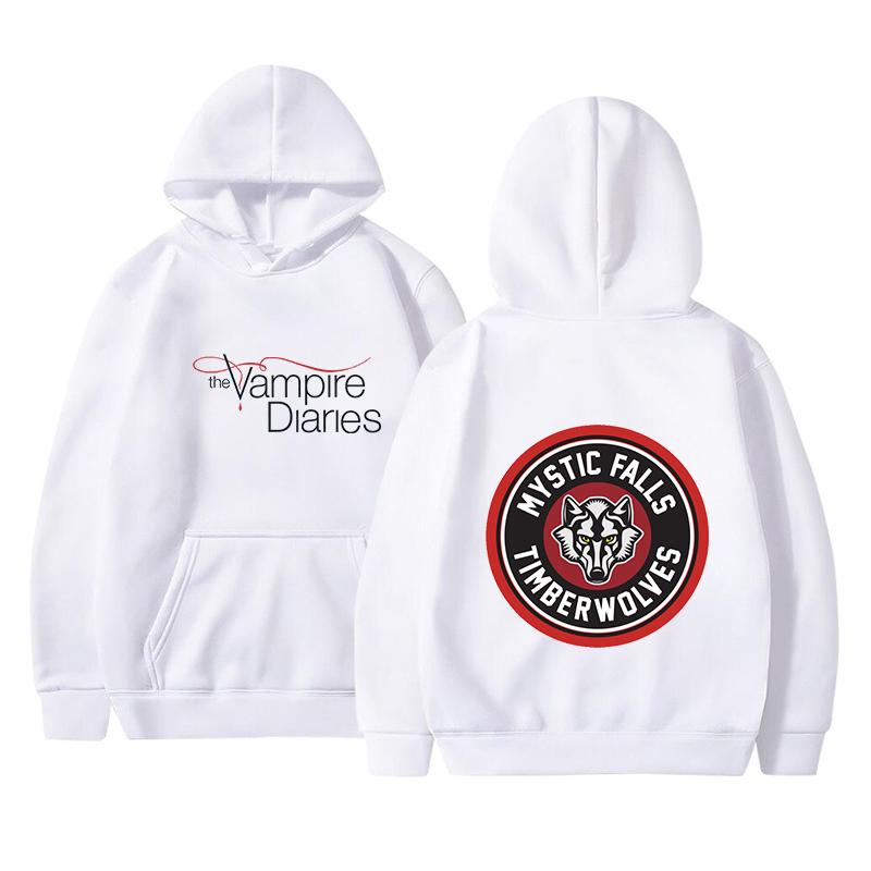 The Vampire Diaries Print Hoodie Unisex Pullover TV Show TVD Damon Stefan Elena Character Graphic Hooded Sweatshirt Casual Long Sleeve Streetwear