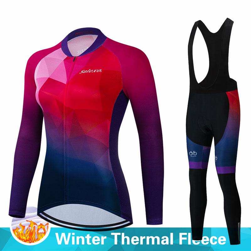 Warm 2023 Salexo Winter Thermal Fleece Cycling Clothes Women Jersey Suit Outdoor Bike MTB Clothing Bib Pants Set Ropa Ciclismo