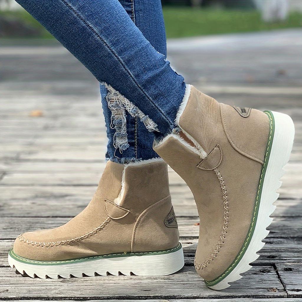 Women's Plush Lined Snow Boots, Round Toe Slip On Flat Short Boots, Winter Warm Outdoor Ankle Boots