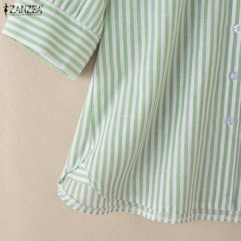 ZANZEA Women Casual V-Neck Half Sleeve Loose Stripe Blouse