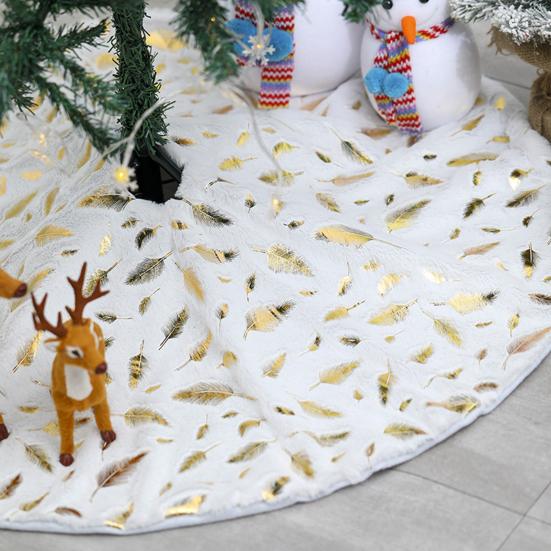 35 Inch Christmas Tree Skirt Gold Sequin Feather Snowflake Pattern White Faux Fur Tree Skirt Fluffy Plush Tree Base Mat for Holiday Home Decor