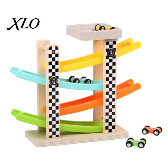 Interactive Slide Track Set Wooden Ramp Racer Car Toy, 4 Numbered Mini Cars And Parking Lot Sturdy Design, Development Hand-eye Coordination