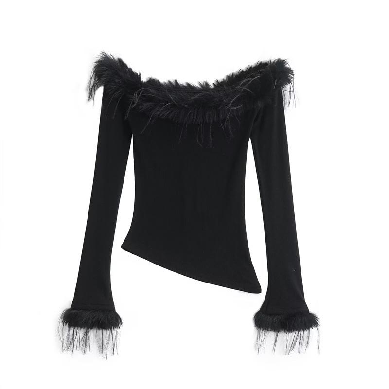 

Chic Retro Off-Shoulder Fur Splice Long-Sleeve Top for Women Large чорний