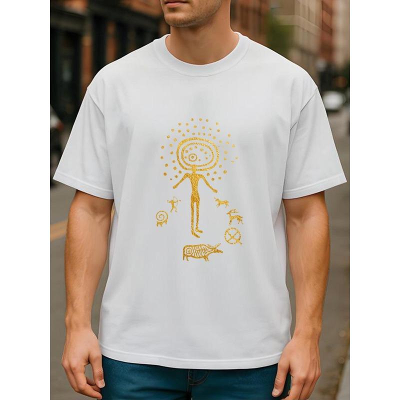 European sizes Golden Original Mural Pattern Retro Art Style Pure Printed T-shirt, Men's Clothing, Short-sleeved Top