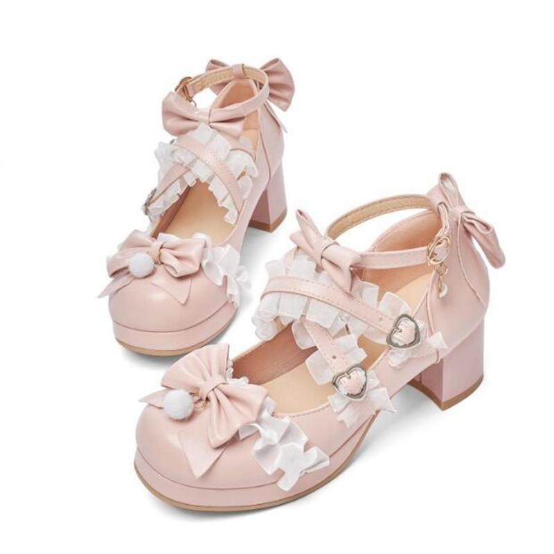 Cross Strap Girls High Heels Women Mary Jane Pumps Wedding Party Shoes Sweet Ruffles Bow Princess Cosplay Lolita Shoes 29-43