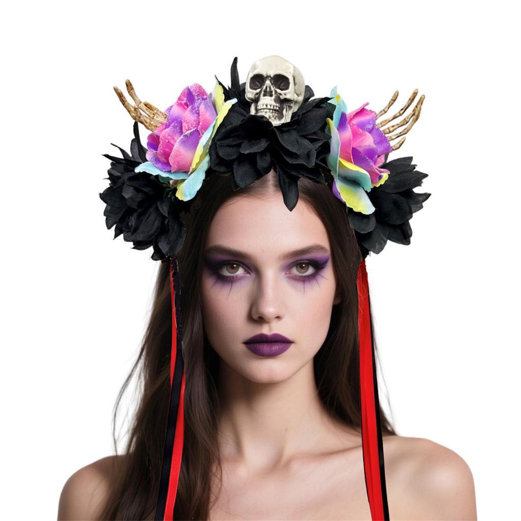 Halloween Colorful Flower Skeleton Hand Skull Headband Resin Party Hair Accessory For Adults Kids Costume Party Decoration