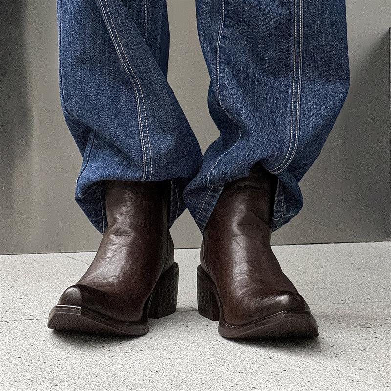 men fashion black brown high chelsea boots designer pointed toe upturned shoes cowboy genuine leather boot punk goth ankle botas