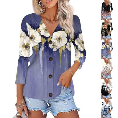 Camisa Casual de Moda para Mujer con Estampado y Botones, Mangas Largas 3/4