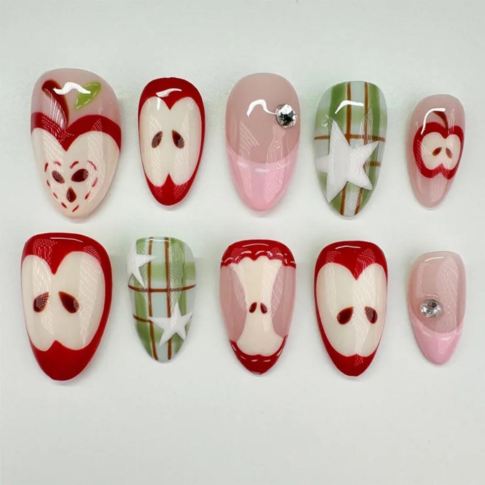 24PCS Cute Cartoon Red Apple False Nails Green Polka Dots Plaid Patterns French Fake Nails Tip Sweet Fruit Almond Nails Press On