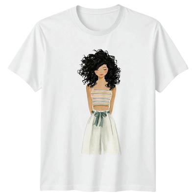 Watercolor Art Woman Fashion Graphic Unisex T Shirt Curly Hair Style Tee