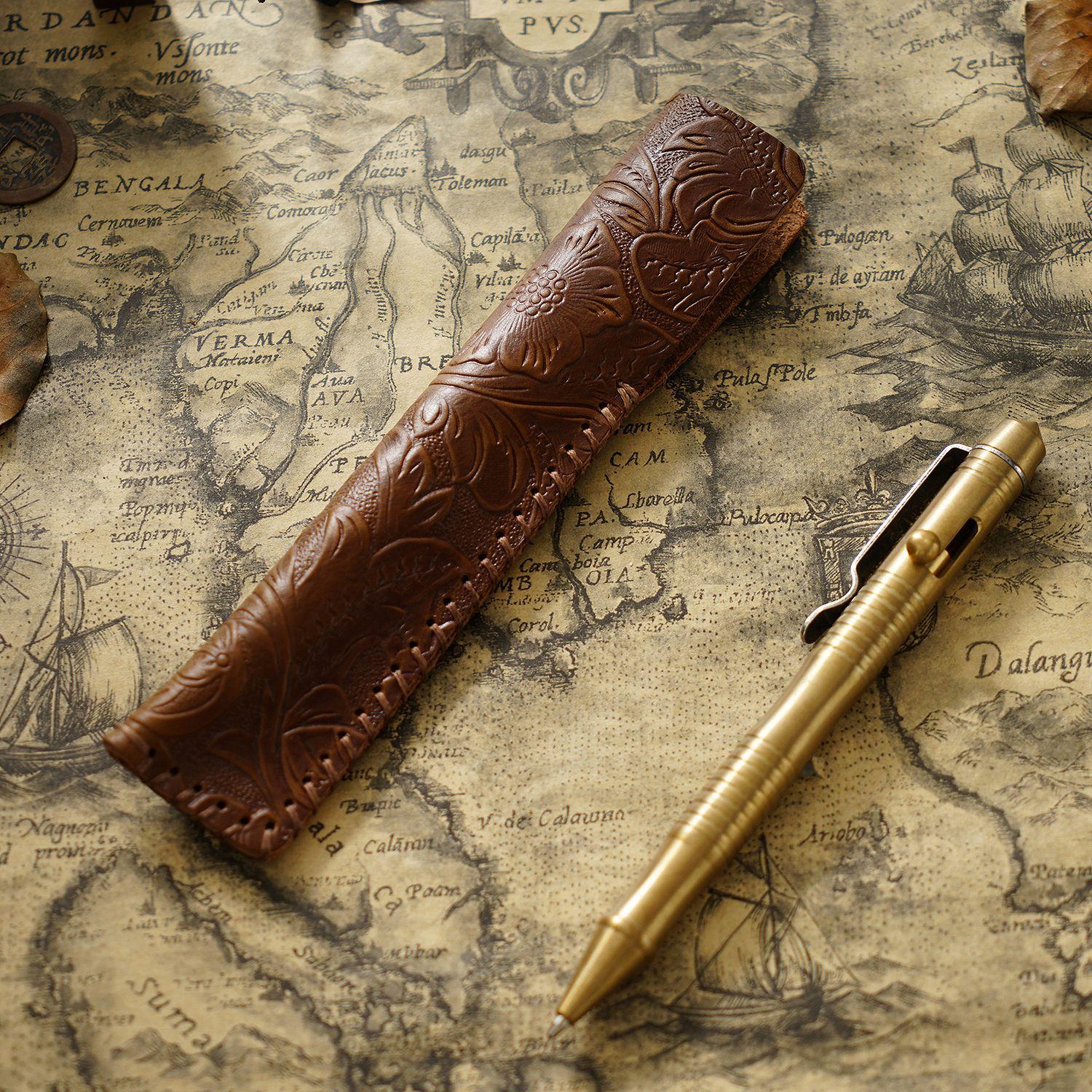 Hand-Carved Cowhide Pen Case - Personalized Retro Sleeve for Fountain Pens Handmade Pen Sleeve