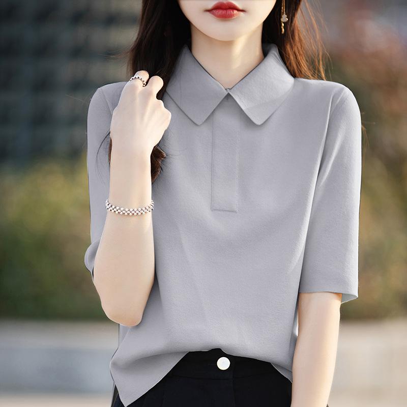 

Ретро свитер из ледяного шелка с воротником поло, новинка весны и лета, универсальная женская футболка с коротким рукавом, топ с лацканами XXL серый