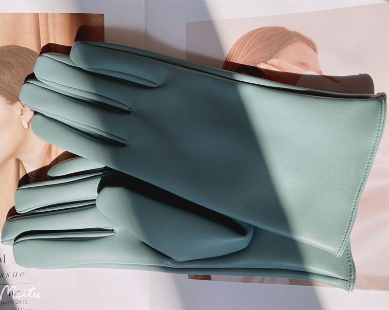Leather Gloves Wind Color Men'S And Women'S Leather Pu Gloves Fleece Warm Windproof Solid Color Cycling Gloves