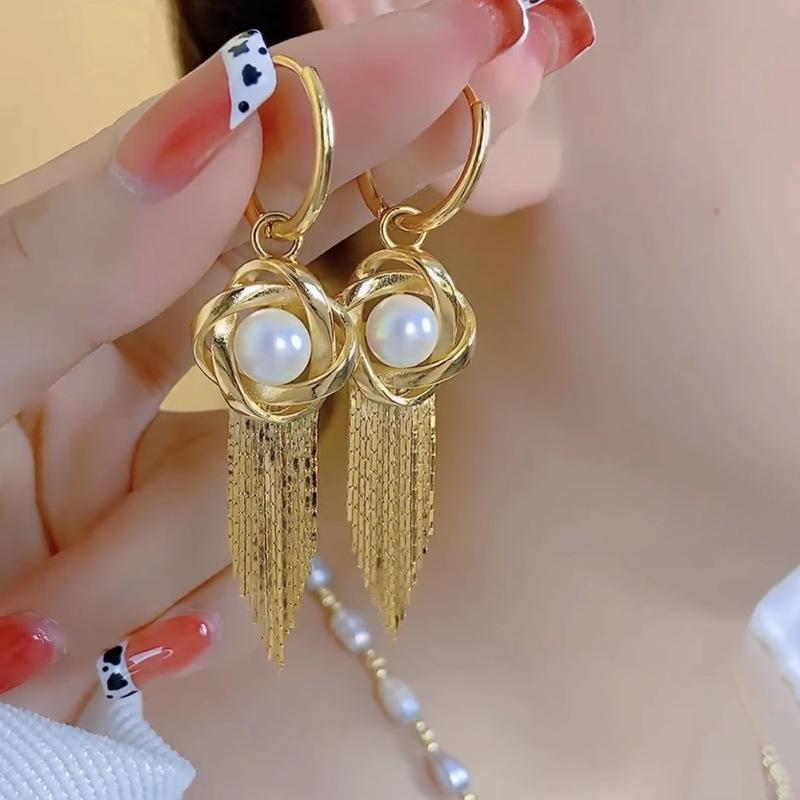 

New light luxury high-end red pearl earrings, fringed wrapped earrings for women, temperament retro ear buckle earrings