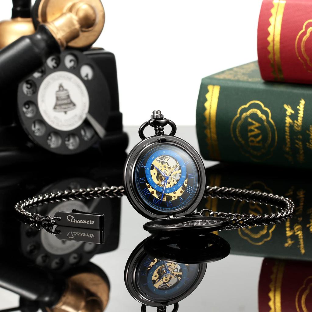 TREEWETO Mechanical Pocket Roman Moon and Sun with Chain and Gift Watch, Black, Numerals, Design, Box.