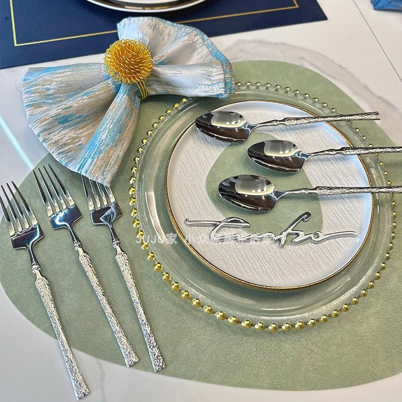 Patterned stainless steel small waist knife, fork and spoon set Patterned handle Stainless steel western tableware Patterned round spoon