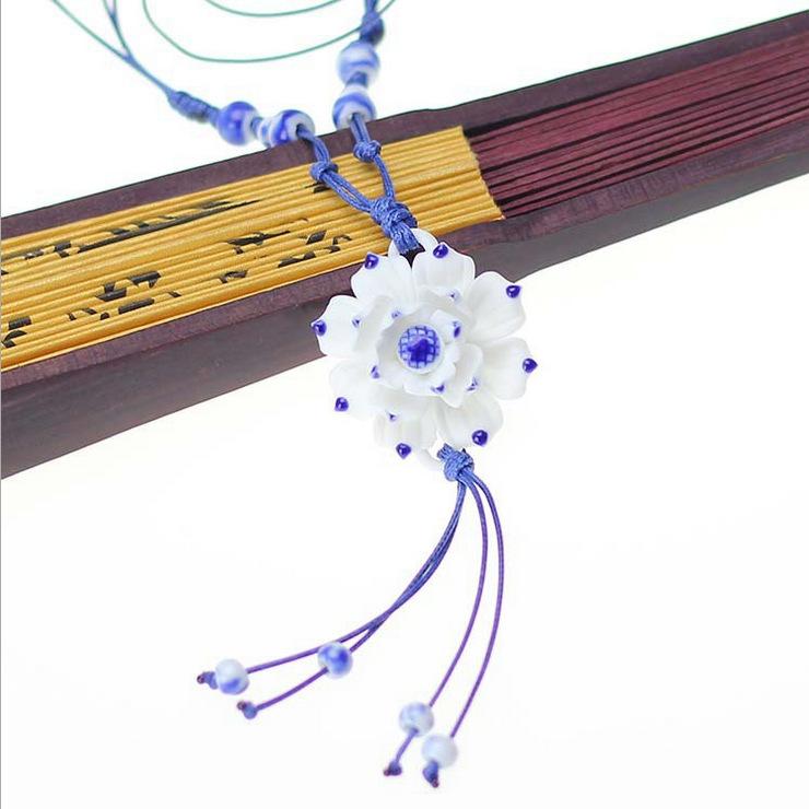 Classical Ceramic Blue and White Porcelain Peony Flower Necklace Women's Literary Retro Versatile Long Sweater Chain Accessories