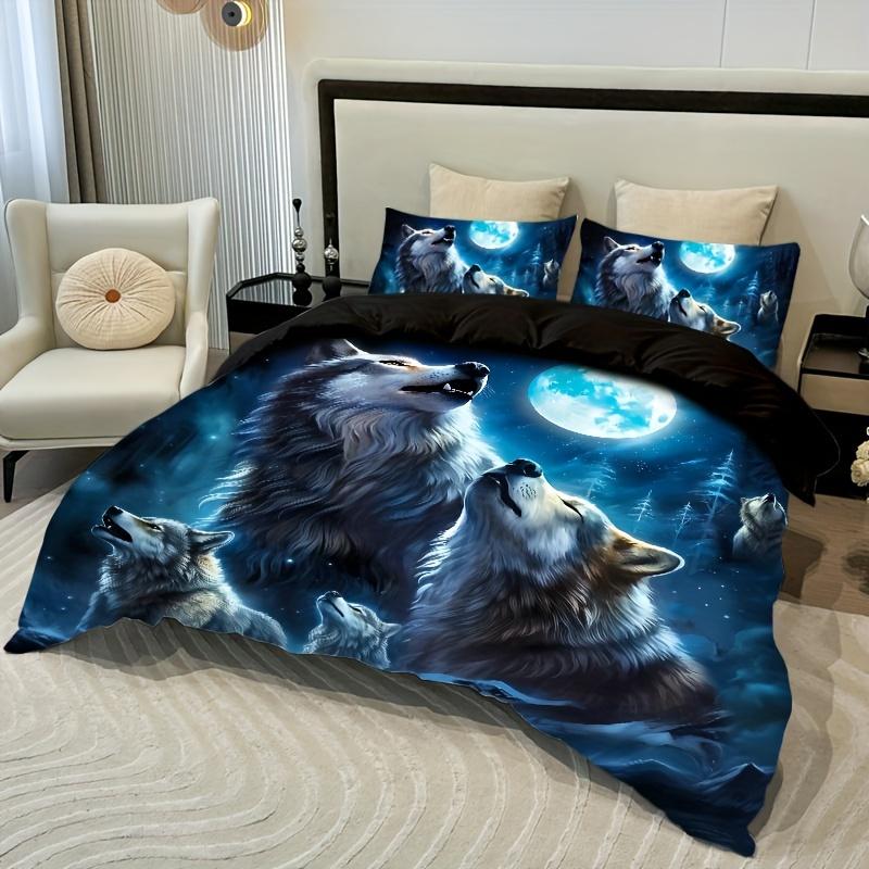 3pcs Wolf Roaring Moon Duvet Set  Soft Fabric 100%polyester 1Duvet Cover 2 Pillowcases  Without Pillow Core