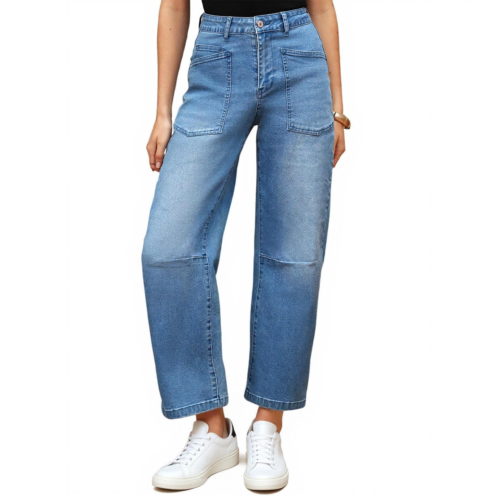 

Women s High Waist Washed Women s Jeans Fashionable Versatile Straight Leg Pants XL синий