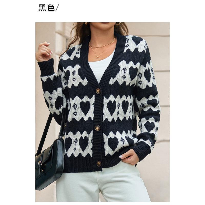 Women S V Neck Long Sleeve Knit Cardigan With Heart Pattern