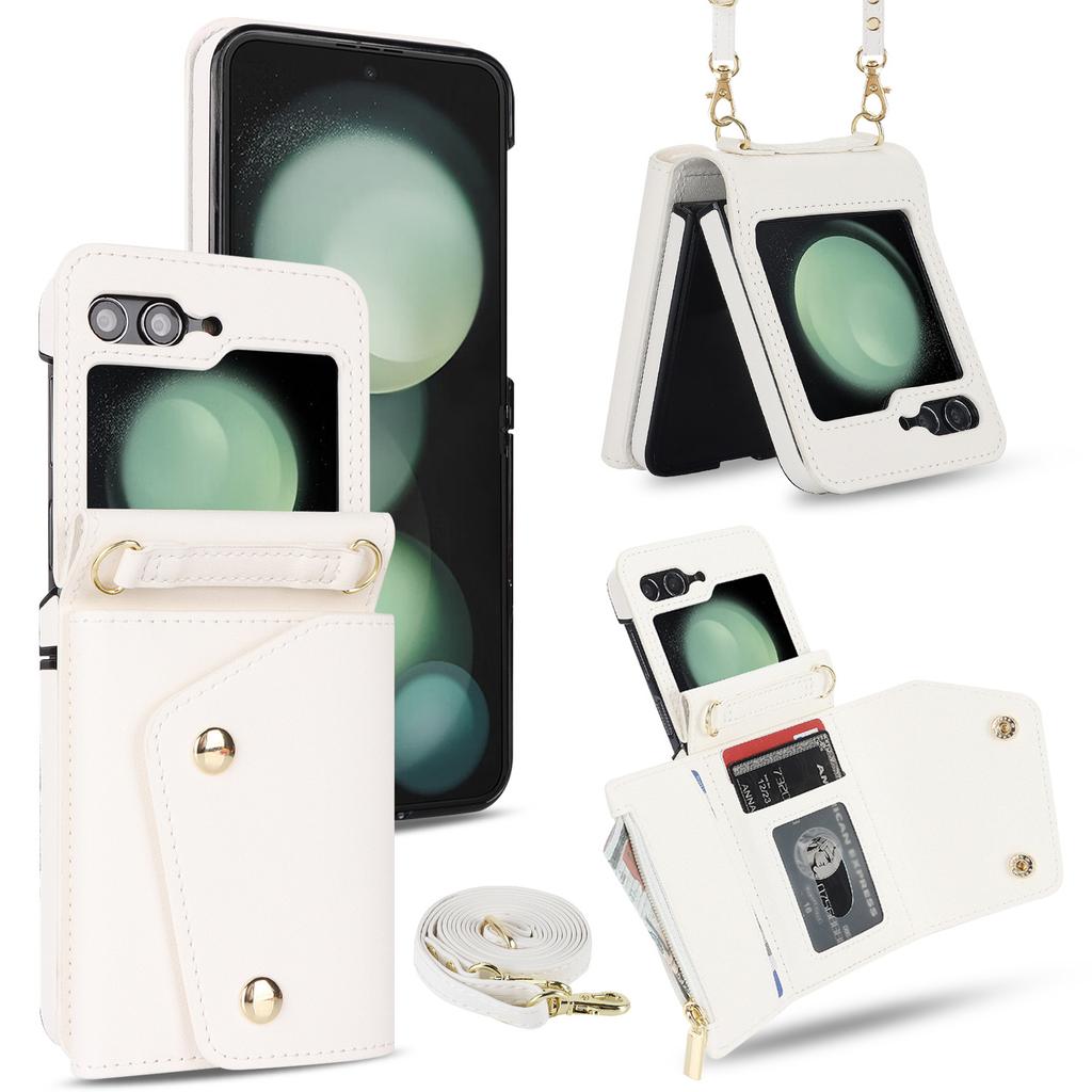 Applicable to Samsung Zflip5 double-buckle zipper messenger wallet case zflip4 niche multi-card all-inclusive anti-drop case in stock