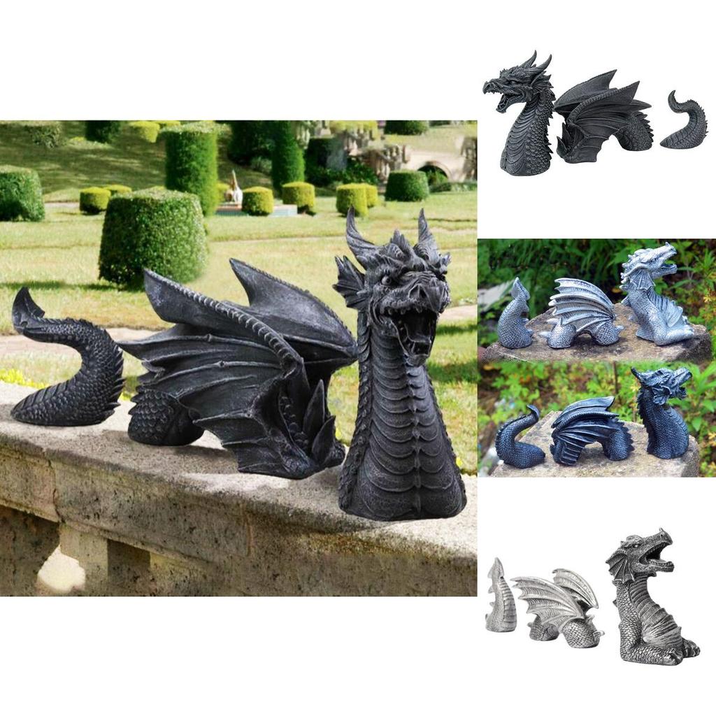 Elegant Black And Silver Three-section Dragon Sculpture Perfect For Garden Art Displays