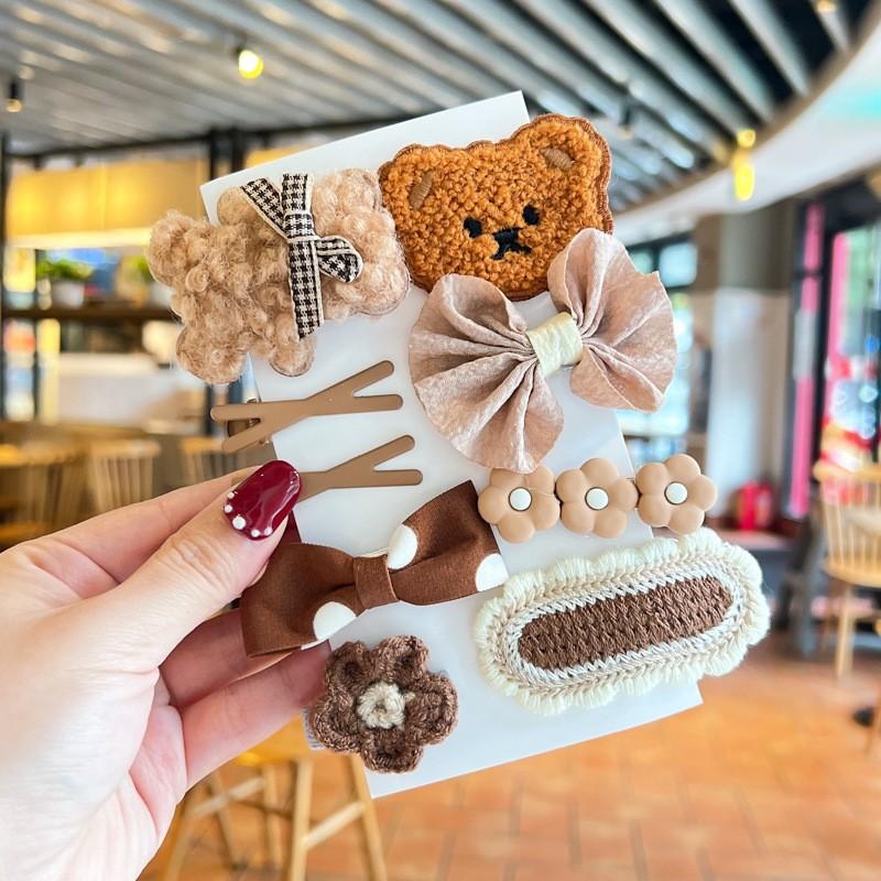 9Pcs/Set Korean Hair Clip Cute Plush Bear Knitting Hair Clips For Girls Bow Flower Hairpins Barrettes Kids Baby Hair Accessories