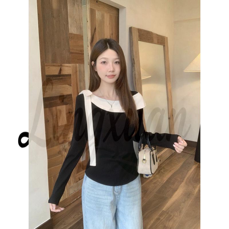 

Spring 2026 Plus Size Color Block Ruffle Bow Knot Top XL чёрный