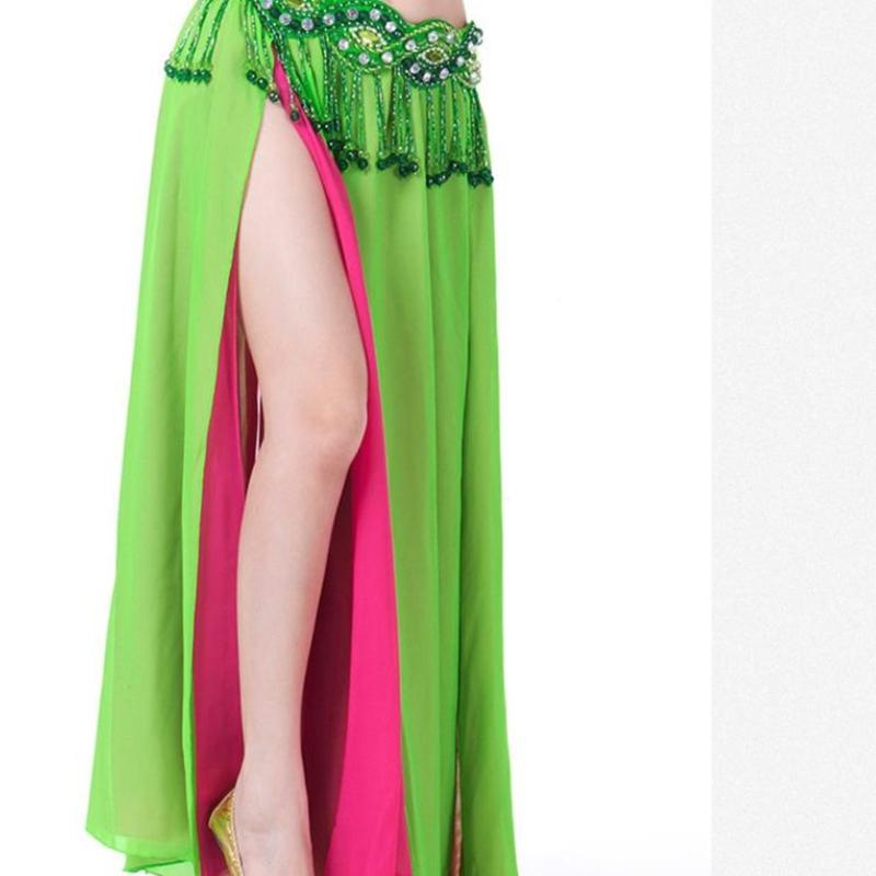 Belly Dance Skirt Double Slits Dance Training Dress Chiffon Long Skirt for Professional and Beginner