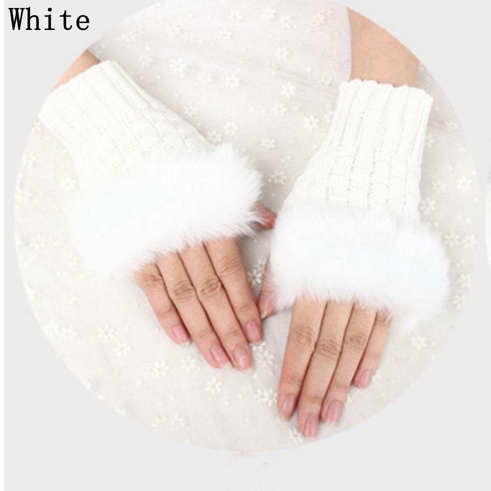 

Теплі В язані Вовняні Рукавички без пальців на зап ястя з відкритими пальцями, Мітенки без пальців для пар з штучного кролячого хутра білий