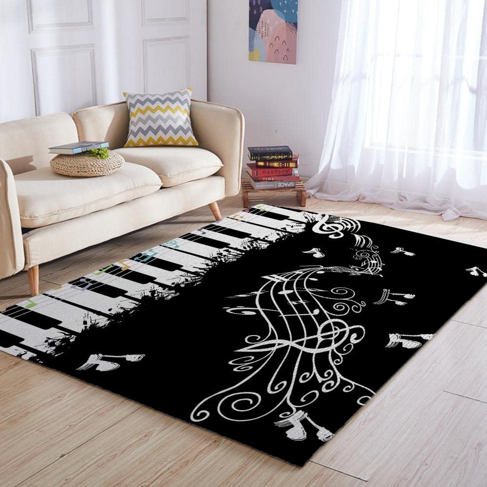 Large Music Carpet Black Piano Key Rug 3D Printed Rectangle Area Rugs for Kids Bedroom Bedside Living Room Non-Slip Floor Mat