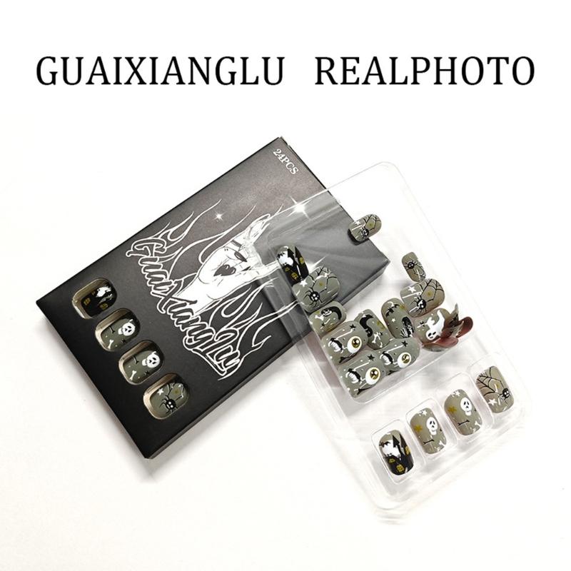 Halloween Press On Nail 24PCS Dark House Art With Glittering And Skeletons Easy Application For Parties