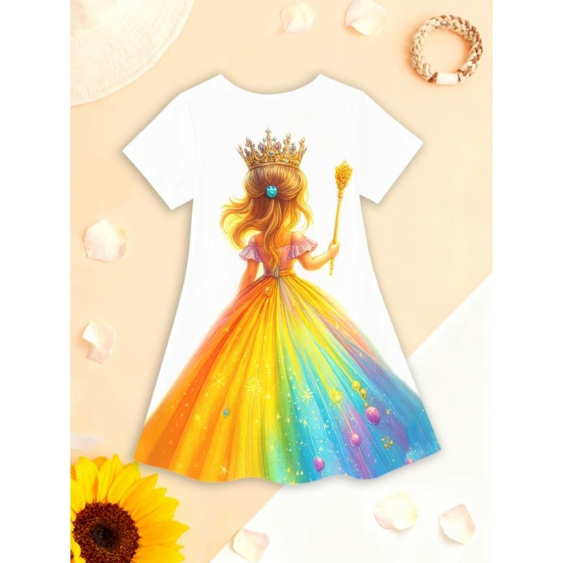 Girls' Short-Sleeve Dress with Unicorn 3D Print - -Line Mid-Length Dress Suitable for Summer &