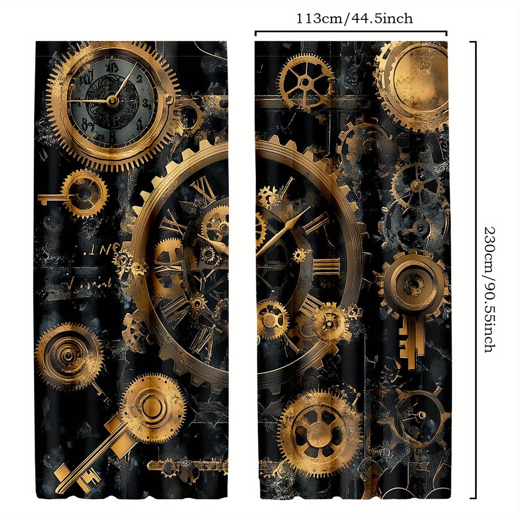2 szt. Zasłony Artystyczne Steampunkowe Vintage - Industrialne Czarne ze Złotymi Kołami Zębatymi i Wzorem Zegara   Półprzezroczysty Poliester   Pranie w Maszynie