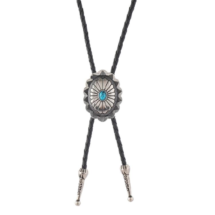 Turquoises Flower Pendant Bolo Tie Necklace For Men Women Cowboy Adjustable Leather Cord Necktie Casual Evening Wear