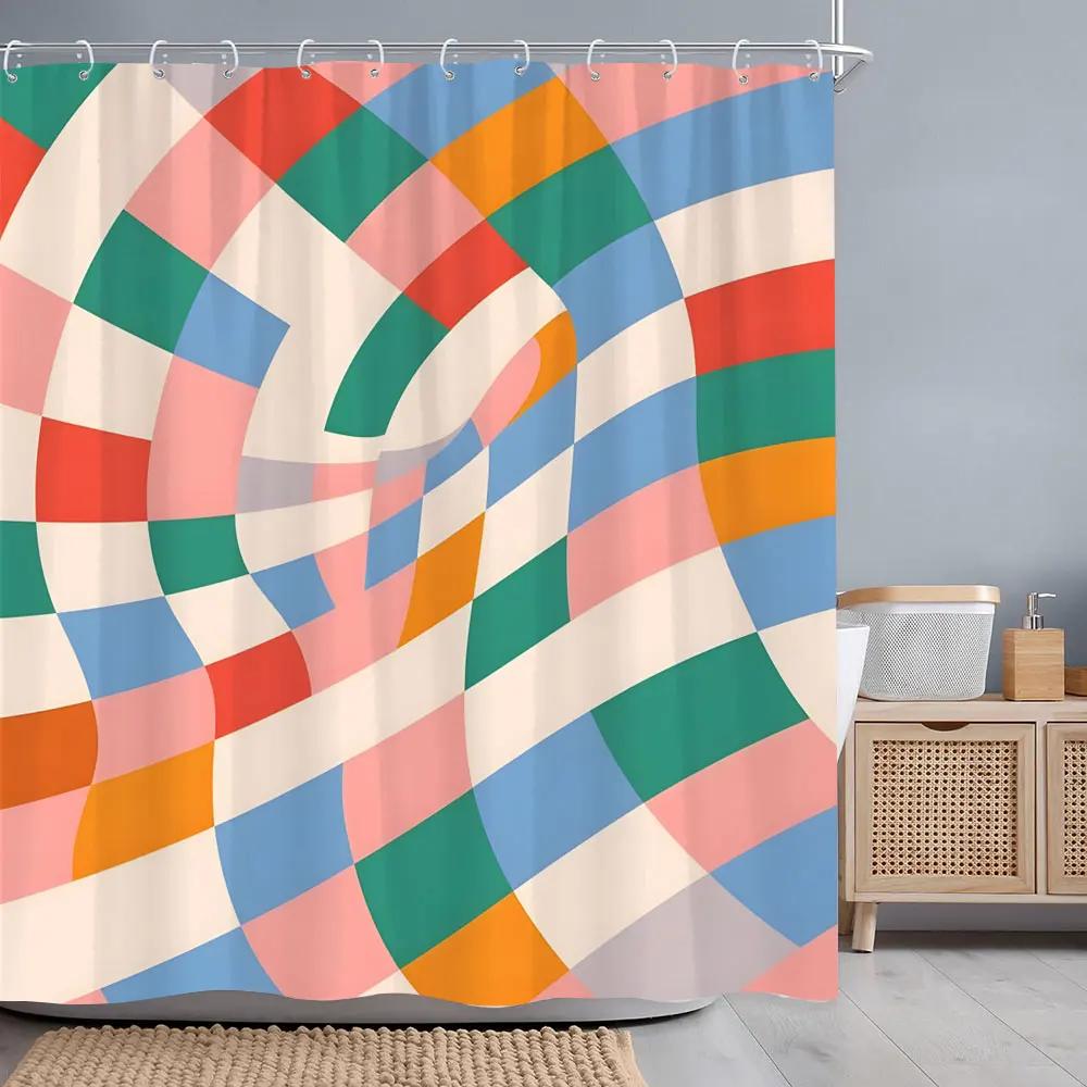 Abstract Geometric Line Square Graphic Shower Curtain Colourful Grid Polyester Fabric Shower Curtains Bathroom Decor with Hooks