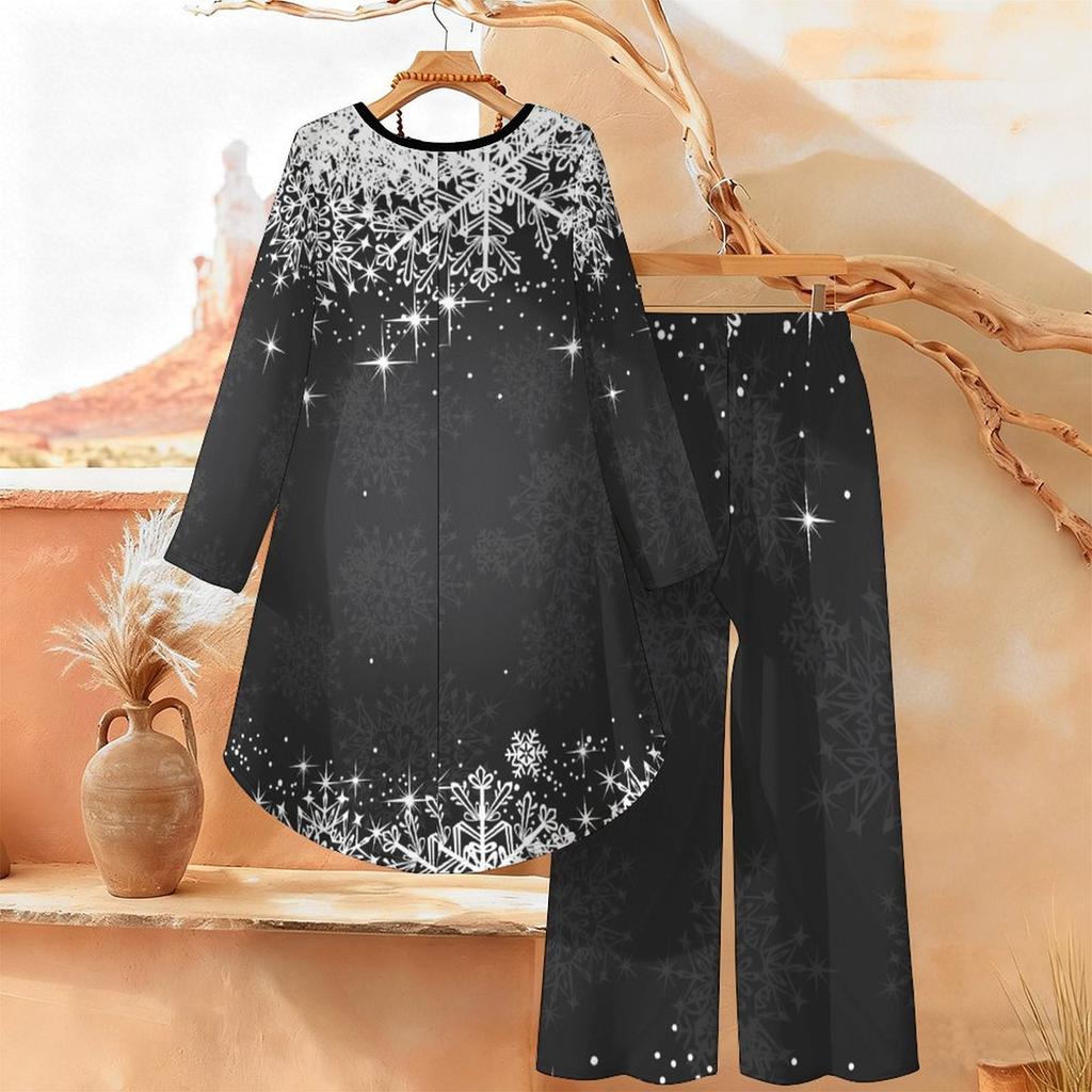 Christmas Print Two Piece Outfit Women Long Sleeve Irregular Hem Tunic Top Wide Leg Pants Casual Matching Set
